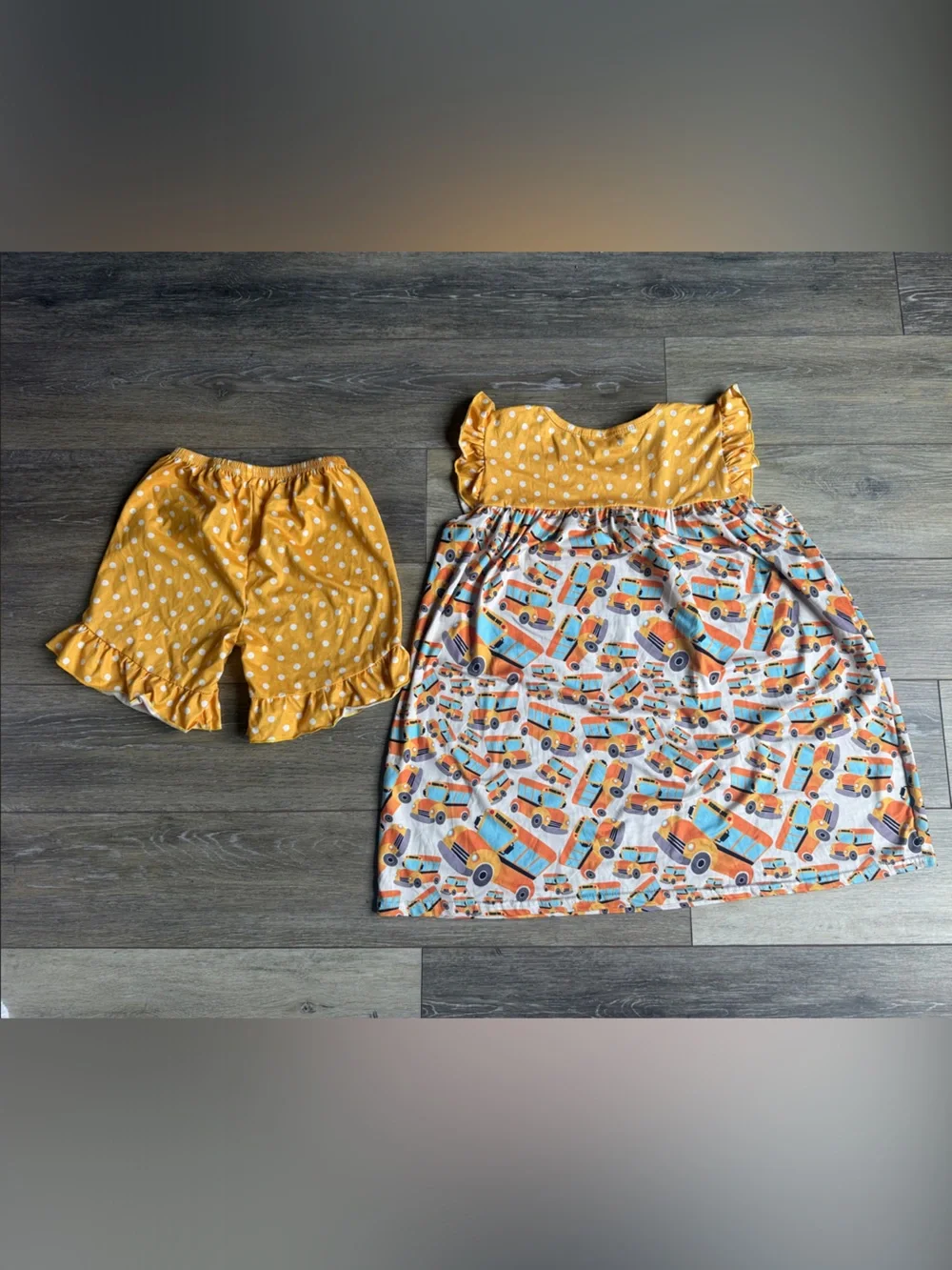 Boutique Yellow Polka Dot & School Bus Print Girls Matching Set